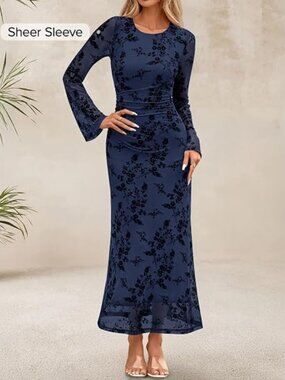 Womens Long Sleeve Floral Fall Bodycon Ruched Mesh Maxi Formal Dress